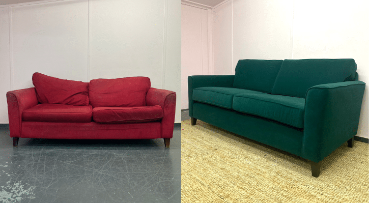 A sofa before and after being reupholstered by an expert