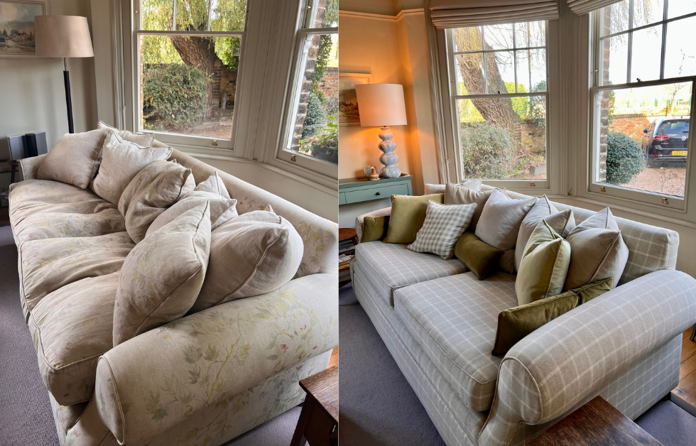 A before and after of a sofa that has been reupholstered by an expert