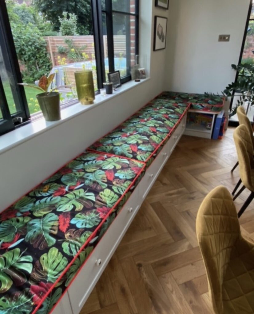 colourful bench seating in a kitchen