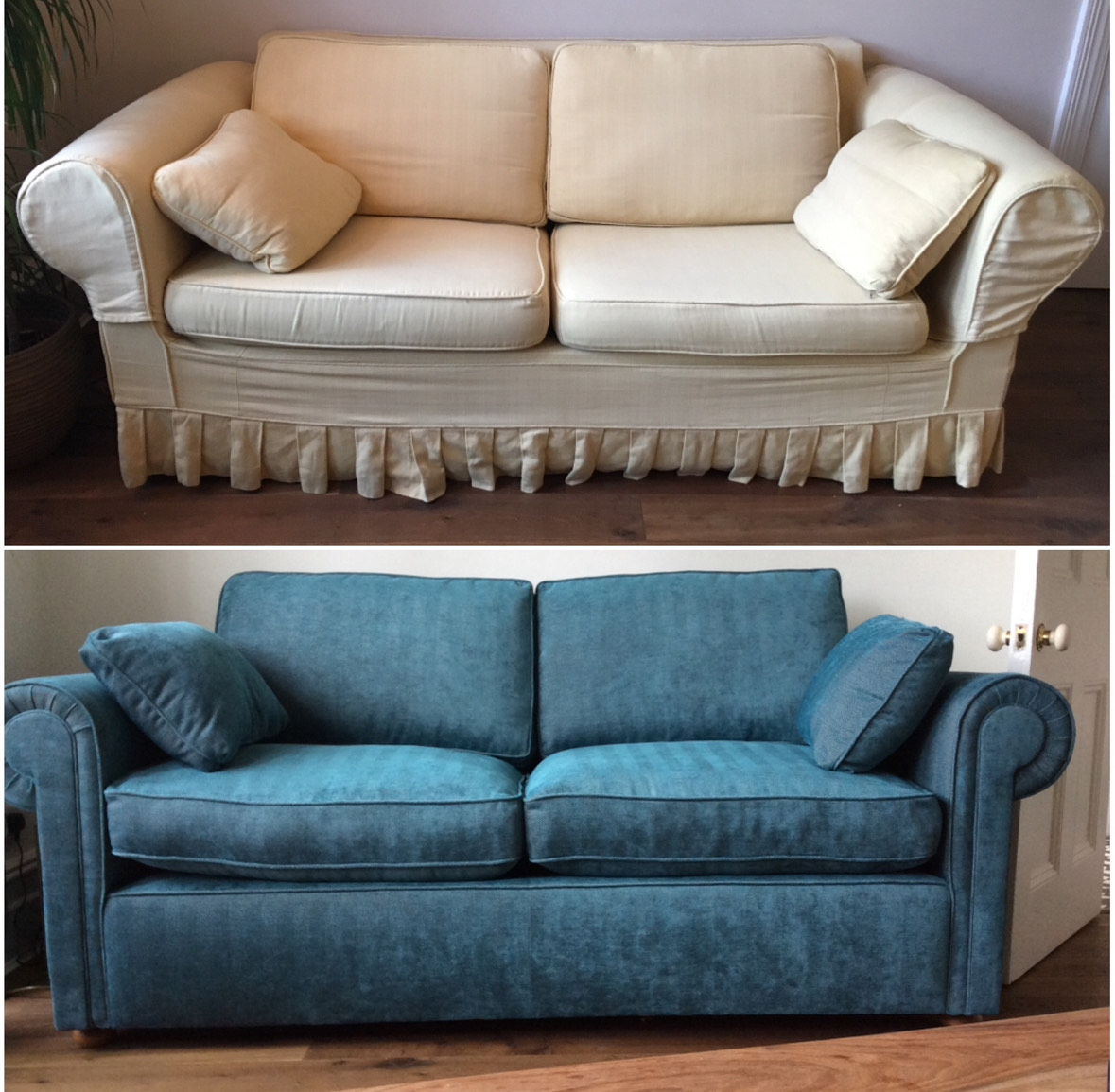 Before and after of a loose covered reupholstered sofa