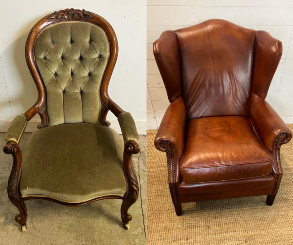 A Victorian open arm chair, with a spoon button back on cabriole legs and a leather wing back chair both sold at Windsor Auctions