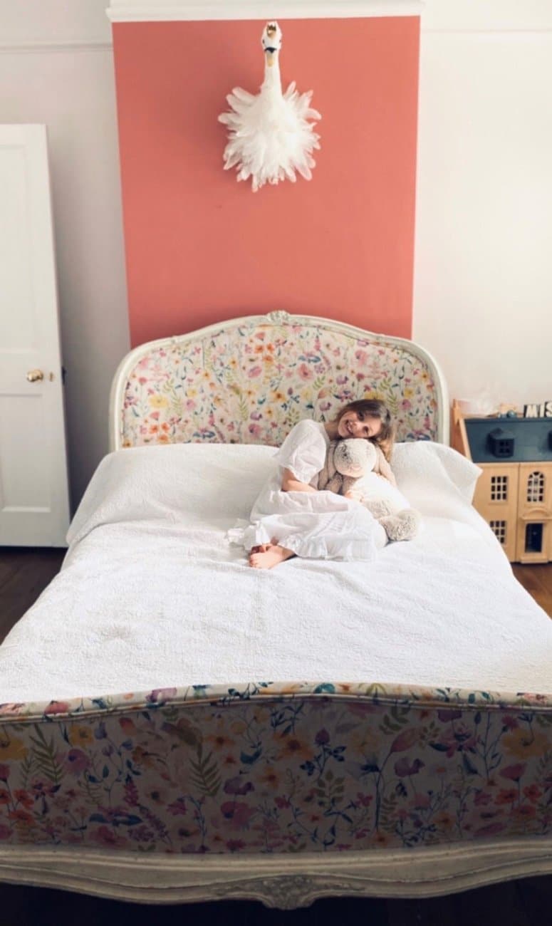 Reupholstered 1920's headboard in Studio G Lolita Summer Linen