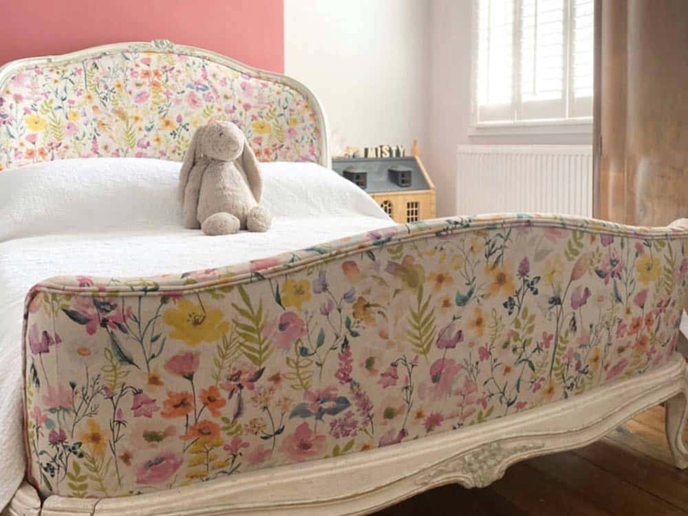 Reupholstered headboard and bed in Home Decor Studio G Lolita Summer linen fabric