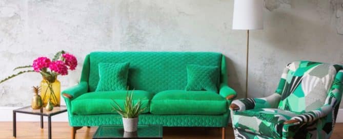 Green fabric sofa and green pattern fabric armchair