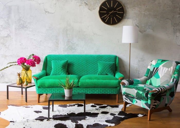 Green fabric sofa and green pattern fabric armchair