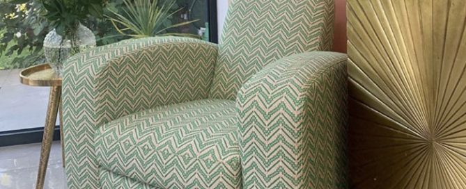 Reupholstered arm chair in zig zag fabric