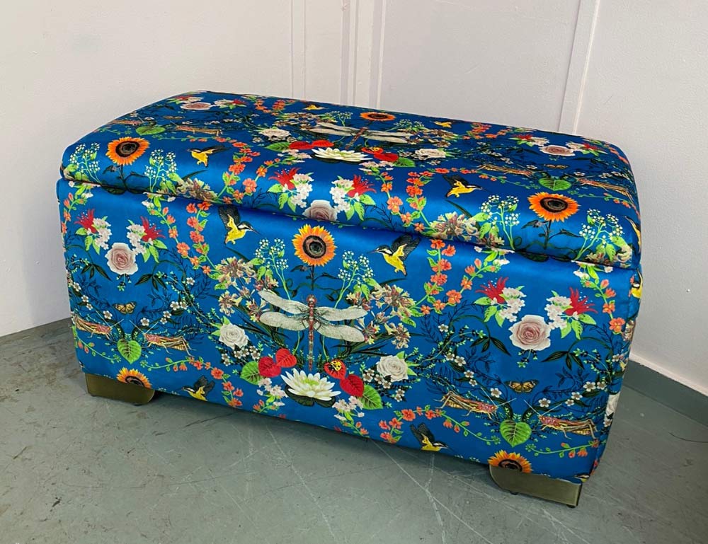 ottoman after upholstery with Blue patterned fabric