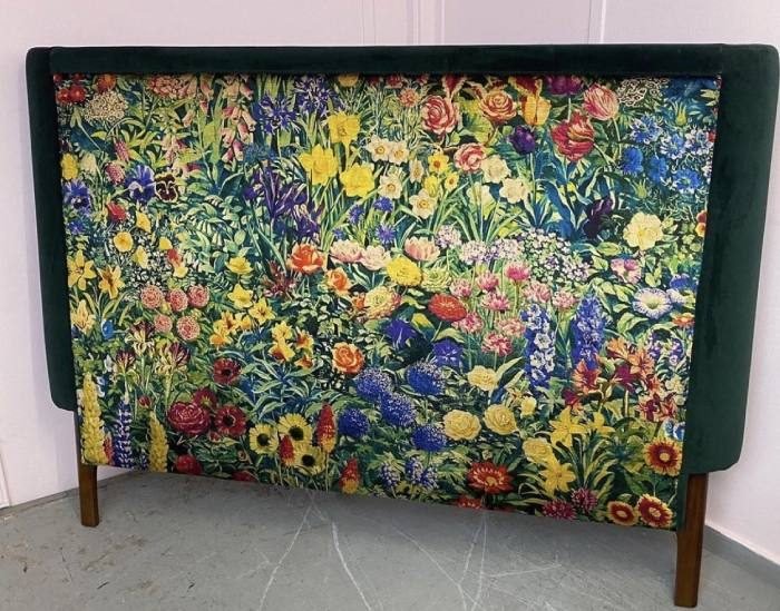 Floral patterned reupholstered headboard