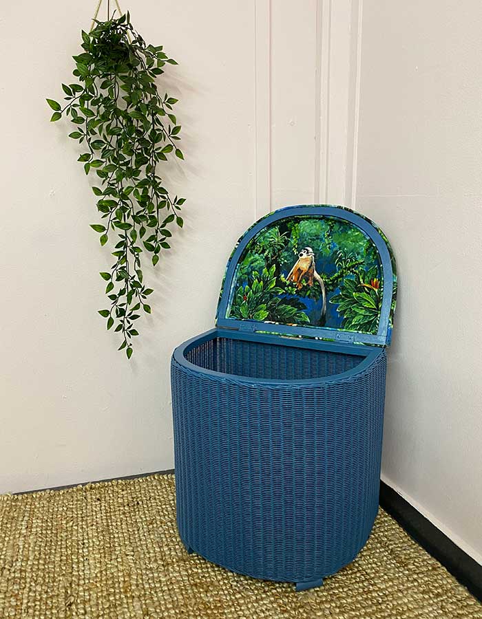 Upholstered blue patterned Lloyd Loom Ottoman lid