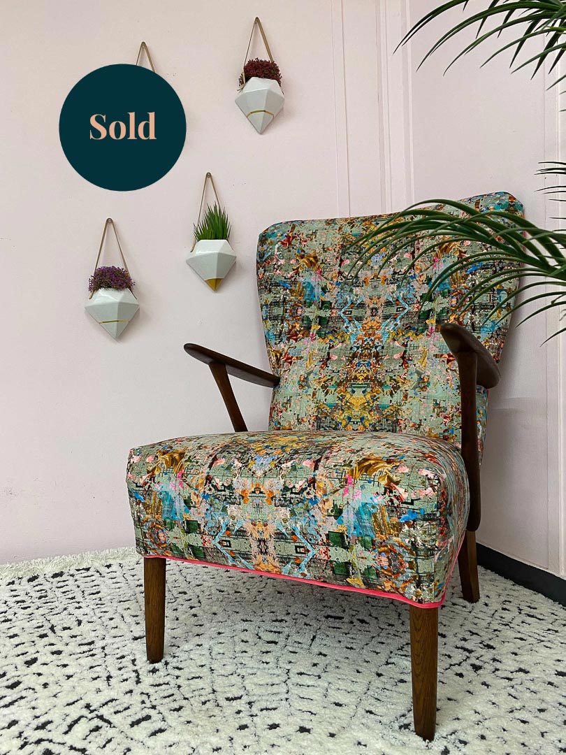 Reupholstered Mid Century Velvet Chair with dark wood arms and legs