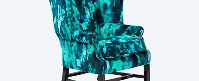 Sky blue and indigo colour combination wing chair fabric by Timorous Beasties