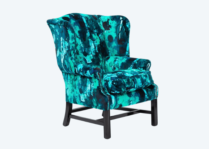 Sky blue and indigo colour combination wing chair fabric by Timorous Beasties