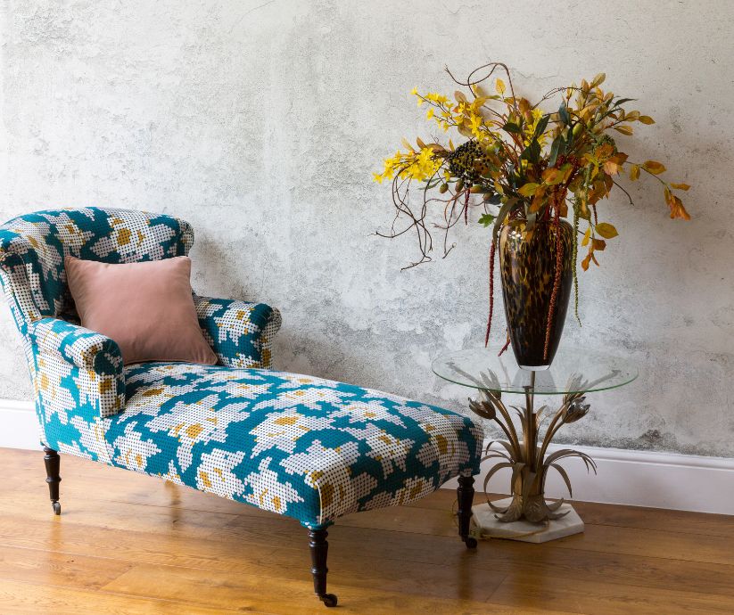 Chaise Longue with teal and graphic fabric