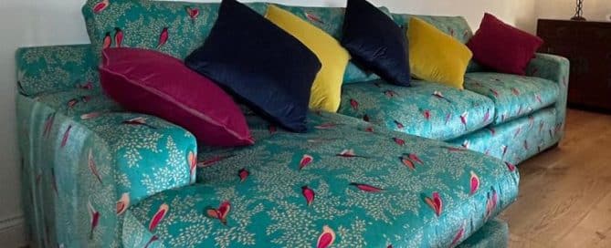 Reupholstered L Shaped Sofa with a tropical bird print