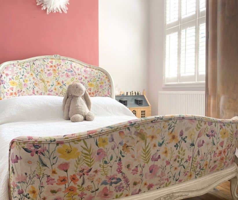 Reupholstered bed frame in a floral pattern