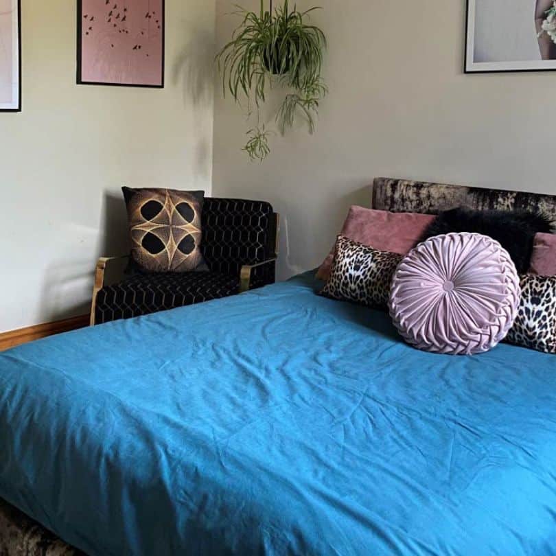 Reupholstered scatter cushions in bedroom