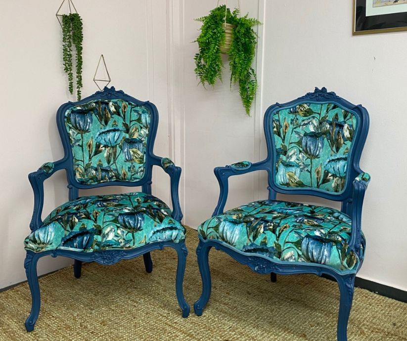 Revitalised antique chairs with blue painted frames and a green patterned fabric