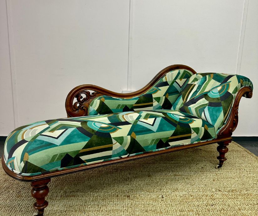 reupholstered Chaise longue in a green geometric print