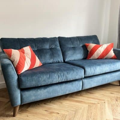French Connection blue velvet sofa