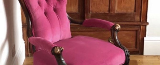Chair with wooden arms covered in Linwood Omega pin velvet fabric