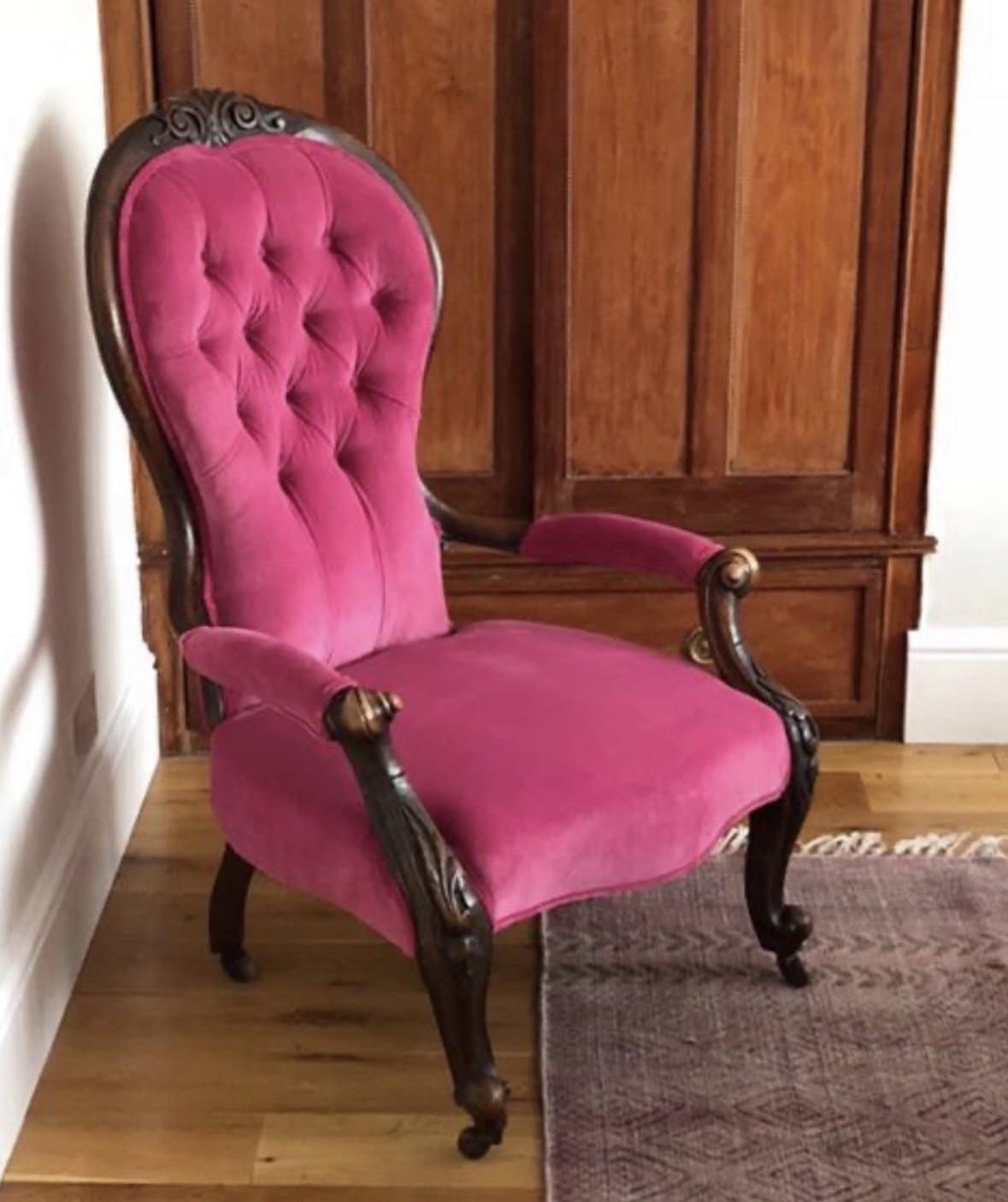 Chair with wooden arms covered in Linwood Omega pin velvet fabric
