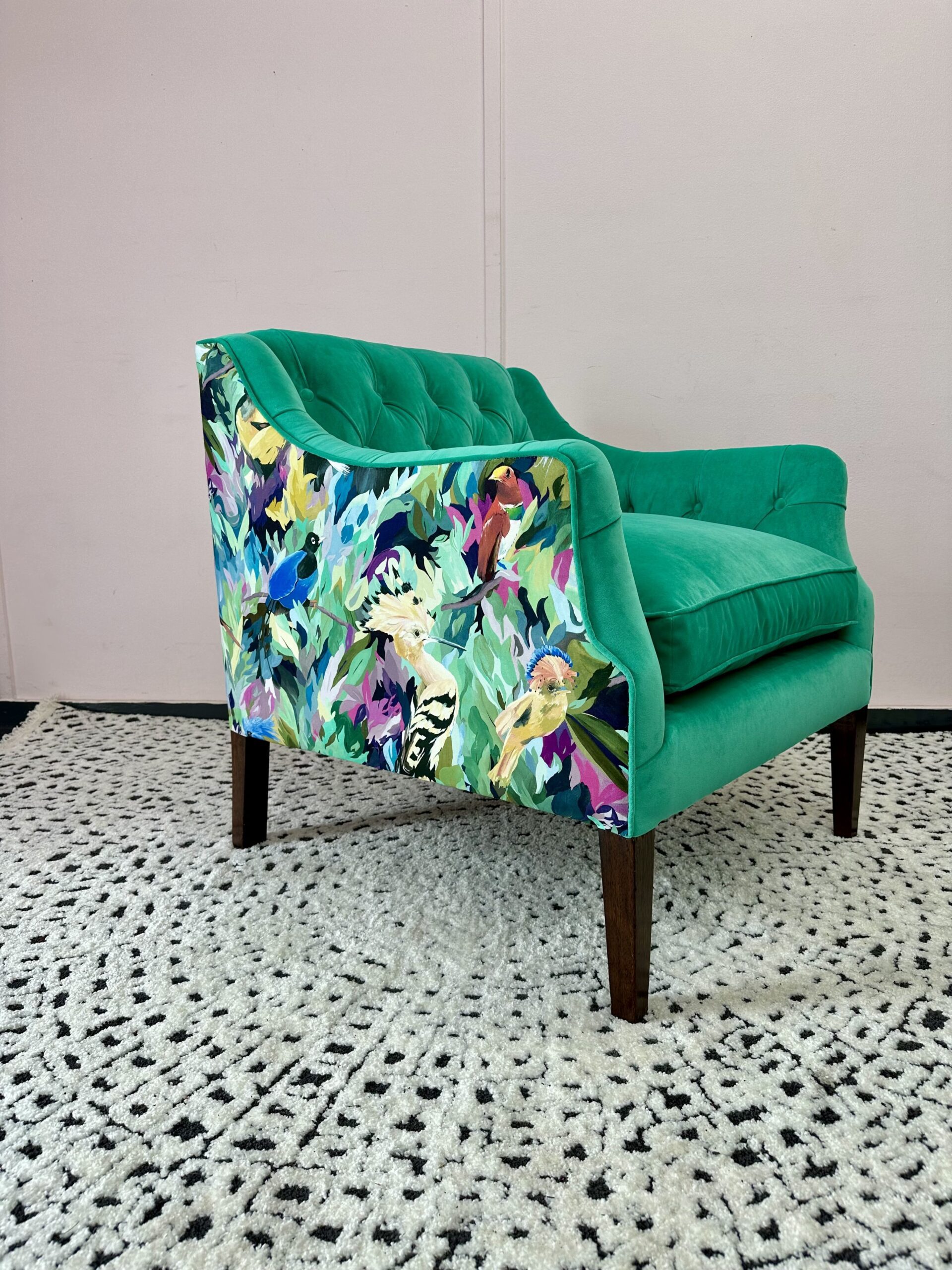 Green chair (1)-min A green armchair with a floral patten that has been expertly reupholstered