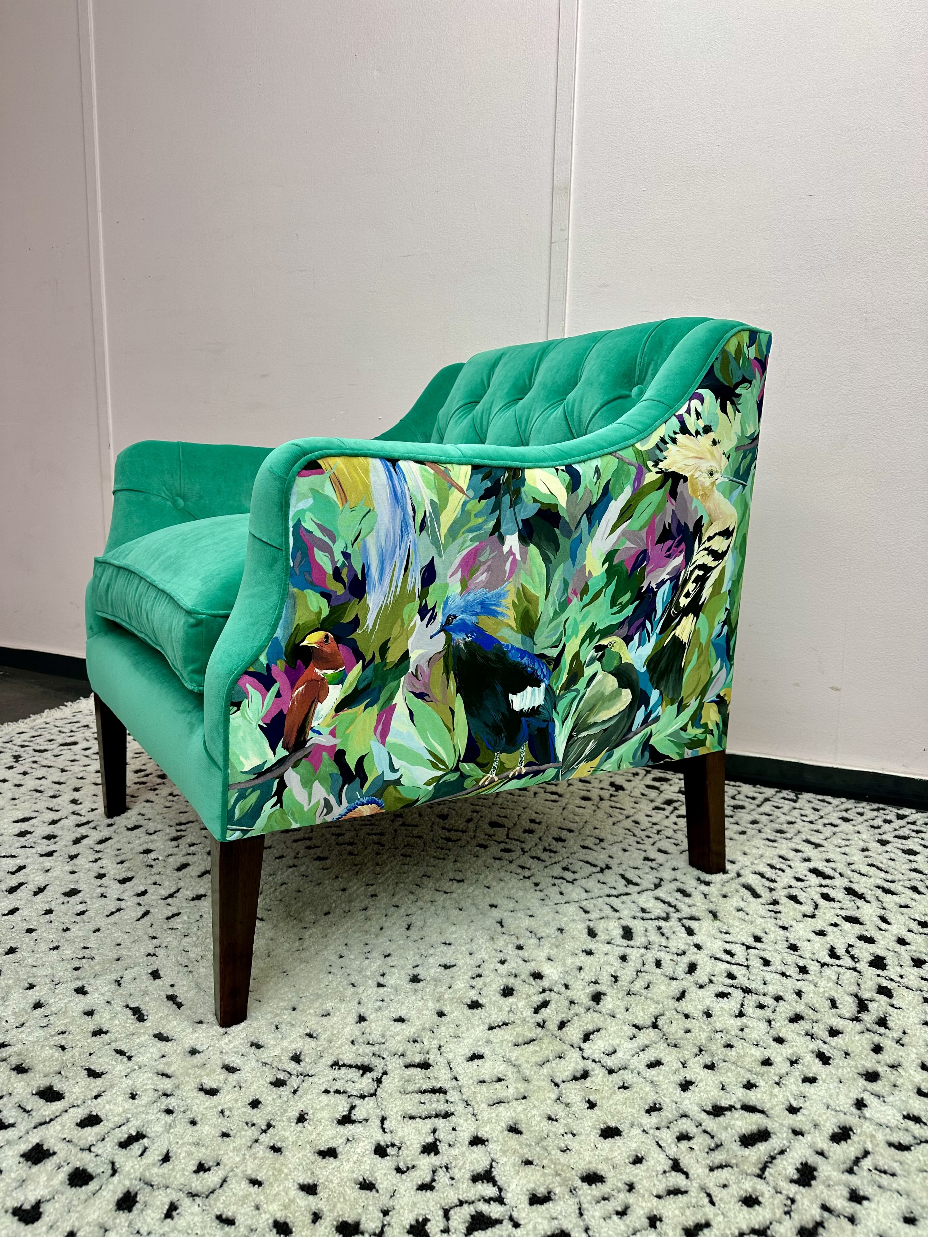 Green chair (3)-min A green armchair with a floral patten that has been expertly reupholstered